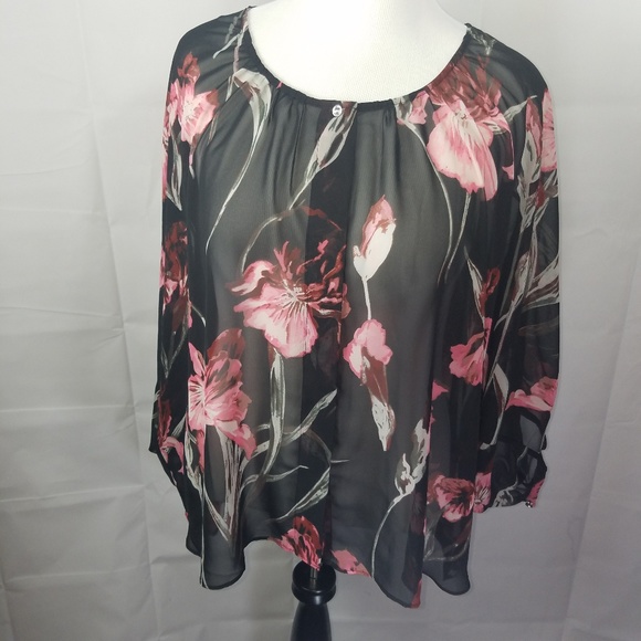 Jennifer Lopez Tops - JL Sheer Floral Button Down Blouse Dolman Sleeve